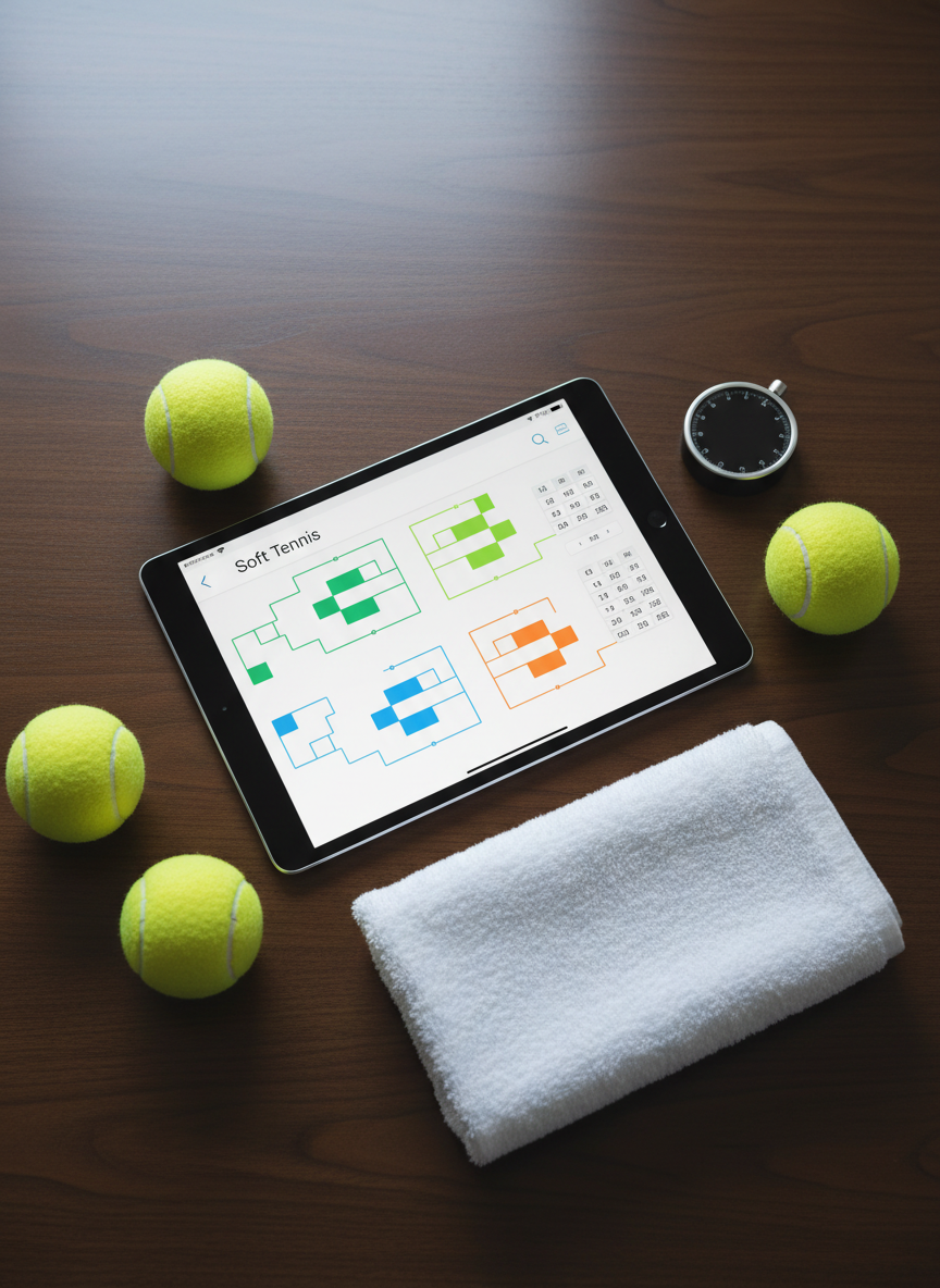 An overhead photographic view of a digital tablet placed on a sleek dark wooden desk, displaying a clean, modern interface of soft tennis tournament results with colorful match brackets and score grids (no readable text). Surrounding the tablet are neatly arranged soft tennis balls, a folded white towel, and a minimalist stopwatch, all carefully positioned to suggest live coverage. Cool, diffused indoor lighting from an unseen window creates soft reflections on the tablet’s glass and subtle highlights on the rubber ball surfaces. The composition uses rule of thirds, with sharp focus throughout to keep all elements clear. The mood is professional and data-driven, conveying real-time news and analysis for soft tennis fans tracking the latest competitions.