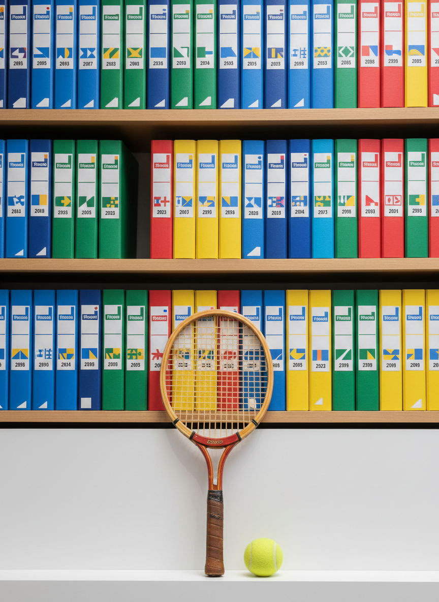 A neatly organized archive shelf in a modern media center, filled with labeled, color-coded binders and storage cases representing past soft tennis tournaments and seasons, all without readable text. On the front edge of the shelf, a single soft tennis ball and a classic wooden-handled racket rest on a smooth, matte white surface, symbolizing history and tradition. Soft, even studio lighting from above creates gentle, shadowed depth between the binders and subtle highlights on the racket’s varnished wood and worn leather grip. Photographic realism with an eye-level composition and moderate depth of field keeps the foreground equipment crisp while the rows of archives gradually blur, evoking a sense of organized, authoritative historical coverage of the sport.
