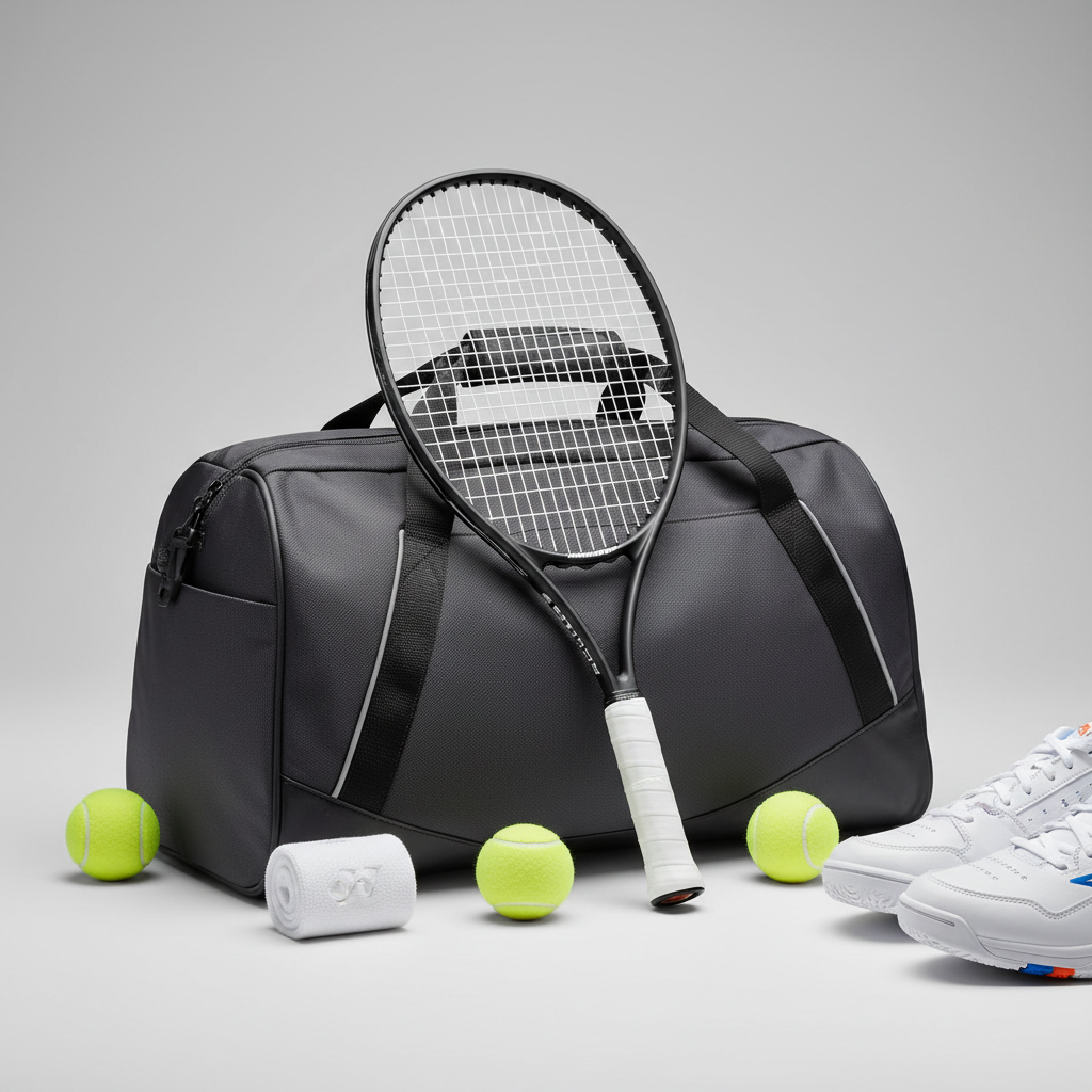 A clean, minimalist product showcase of modern soft tennis equipment arranged on a light grey seamless backdrop. At the center, a high-end soft tennis racket with a sleek graphite frame and precise string pattern leans diagonally against a matching sports bag with structured panels and discreet reflective trims. Around them lie fresh yellow-green soft tennis balls, a rolled moisture-wicking wristband, and a pair of streamlined non-branded court shoes partially cropped at the edge of the frame. Soft studio lighting from both sides creates controlled highlights on the graphite and fabric textures and barely-there shadows for a floating effect. Shot from a slightly elevated angle with sharp focus and plenty of negative space, the atmosphere is premium, technical, and suitable for gear reviews or product introductions on a professional news site.