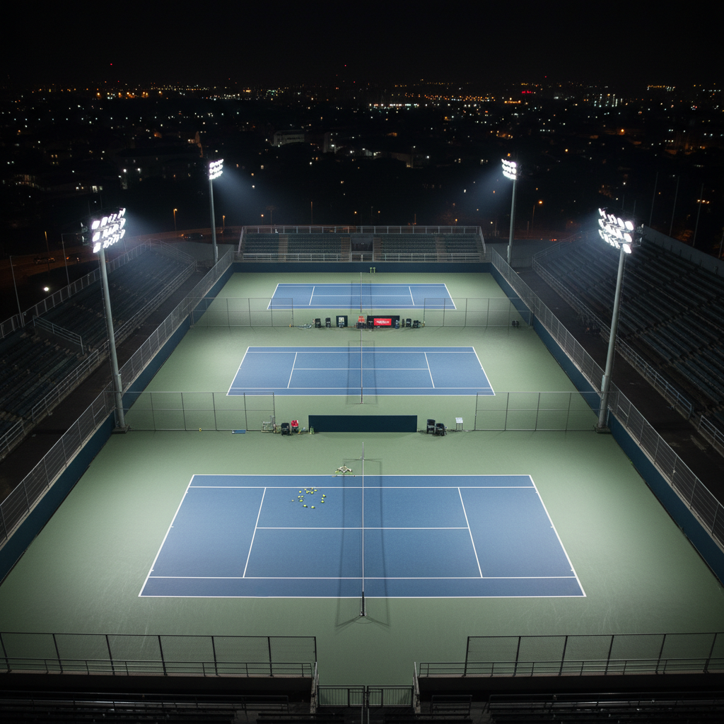 A night-time soft tennis stadium captured in photographic realism from a high, wide-angle perspective, focusing on the illuminated courts below. Multiple adjacent soft tennis courts form a clean geometric grid, each surrounded by low fences and seating. Bright, cool-toned floodlights cast crisp pools of white light on the blue-green surfaces, leaving the outer stands and surrounding cityscape in soft darkness. A scattering of soft tennis balls and neatly arranged rackets are visible on one central court, suggesting a recently finished match without showing any people. The mood is dramatic and anticipatory, with deep contrast between light and shadow, conveying the intensity of major evening tournaments and the sense of ongoing competition and live coverage.