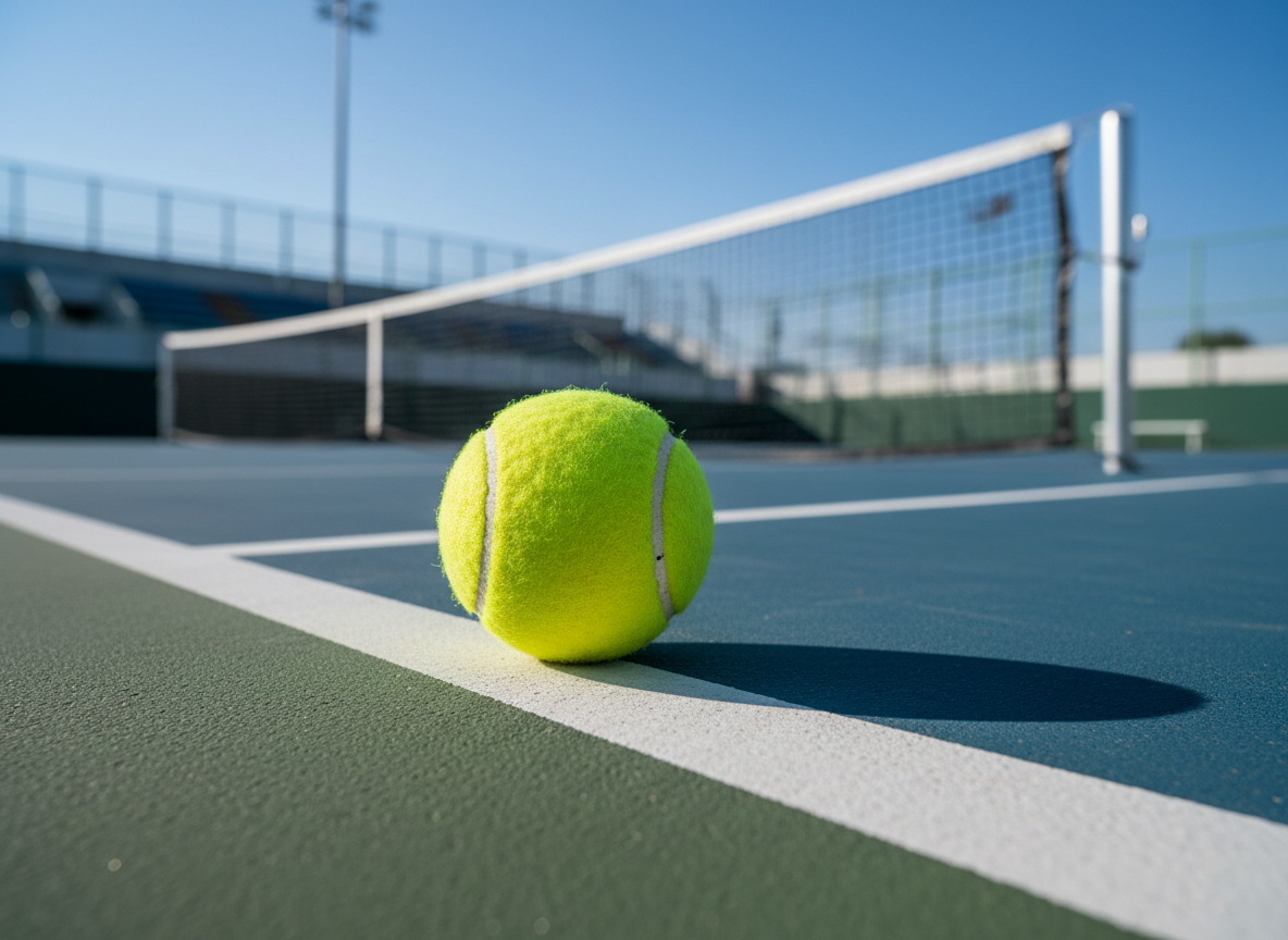 A pristine soft tennis court under a clear blue sky, featuring a close-up of a bright yellow-green soft tennis ball resting precisely on a clean white baseline. The synthetic court surface has fine granular texture and a rich blue-green tone, with the ball’s fuzzy rubber exterior sharply detailed. In the midground, a taut soft tennis net stretches across, slightly out of focus, with metal posts and subtle wind-induced curve. Soft afternoon sunlight creates crisp but gentle shadows and a professional, competitive atmosphere. Photographic realism, shot from a very low, courtside angle with shallow depth of field, emphasizing the ball as the main subject while the distant stands and fence dissolve into smooth bokeh, evoking anticipation just before a big match starts.