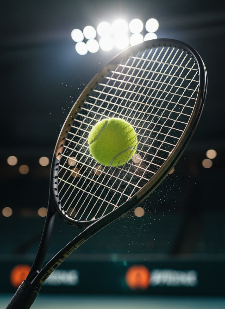 A dramatic photographic close-up of a soft tennis racket and ball frozen at the moment of impact, captured in mid-air against a softly blurred stadium backdrop. The racket’s frame is matte black with subtle metallic accents, strings clearly tensioned and slightly deforming around the compressed, yellow-green soft tennis ball. Tiny particles of dust and rubber appear suspended around the contact point. Bright stadium floodlights from above and behind create strong rim lighting and dynamic highlights on the racket frame while the court below fades into dark teal bokeh. Shot from a slightly low angle with high shutter speed and shallow depth of field, the image feels intense, technical, and high-performance, ideal for illustrating match highlights or tactical breakdowns.