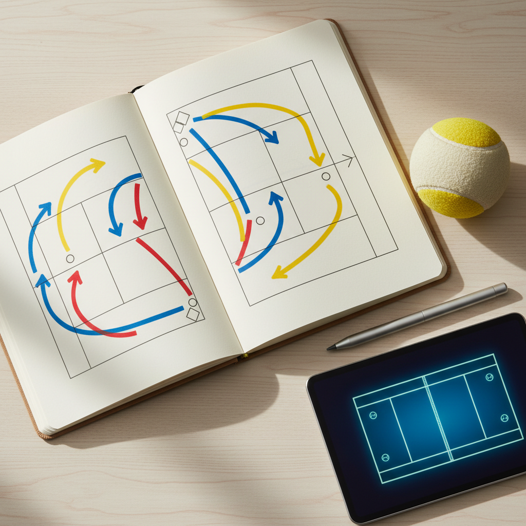 A detailed overhead photographic shot of a soft tennis tactical notebook opened on a pale wooden table, its pages filled with clean, abstract court diagrams and colored arrows without readable text. Beside the notebook lies a soft tennis ball, a pen, and a slim digital device displaying a stylized court graphic. Soft, natural daylight from a nearby window spreads evenly across the scene, creating gentle shadows from the notebook’s curled pages and slight reflections on the device’s screen. The composition is neatly arranged with moderate depth of field so every element remains legible. The atmosphere is thoughtful and analytical, ideal for illustrating strategy articles, expert commentary, or previews of key soft tennis matchups on a news-focused site.
